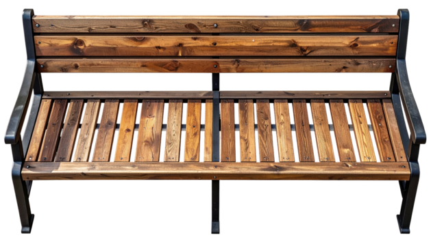 Wooden park bench with dark metal frame, isolated
