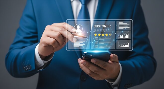 Businessman interacting with customer data on a digital interface. - Powered by Adobe