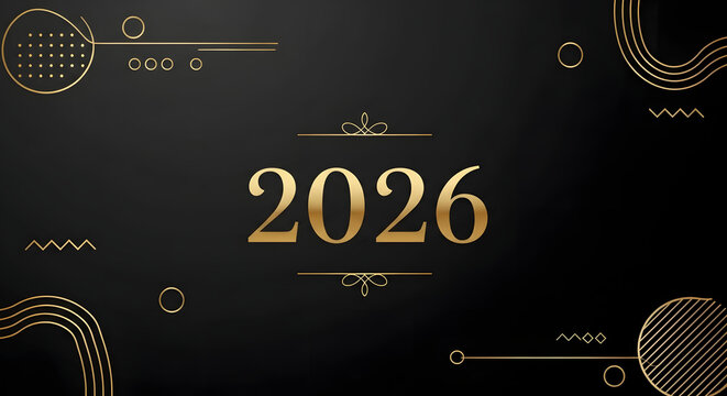 Elegant gold 2026 text on black background with abstract geometric shapes - Powered by Adobe