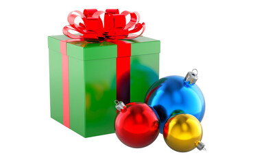 Christmas gift box with colorful baubles. 3D rendering