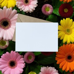 Colorful Gerbera Flowers Surrounding a Blank Envelope in a Vibrant Floral Arrangement