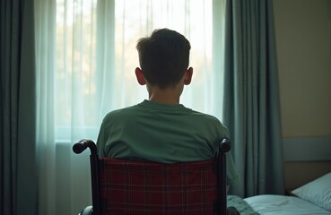 Teenage boy in wheelchair looks out window, feeling sad, lonely. Sits indoors reflecting on life, perhaps in hospital care facility, contemplating situation. Posture suggests sense of isolation,