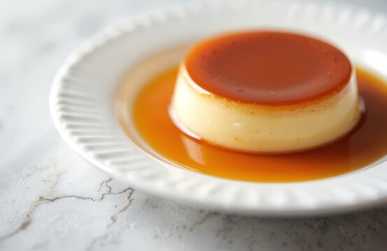 Homemade leche flan dessert with caramel sauce on a white plate. Sweet Filipino custard pudding made from egg and milk. A delicious traditional creamy treat served on a marble table for a snack. - Powered by Adobe