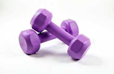 Two purple rubberized dumbbells isolated on white background. Pair of 2 kg weights for sport training, fitness workout. Gym equipment for exercise, strength building, muscle toning, healthy active