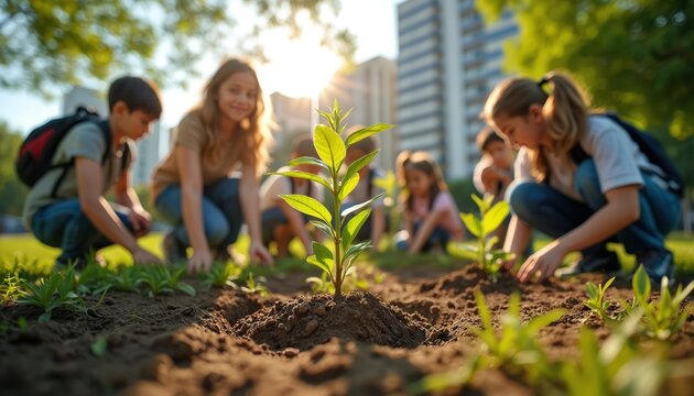Group of young children plant small trees in urban park soil. Kids work together in outdoor green space on sunny day. Learn about nature, eco environment, earth protection. Boys, girls volunteer for