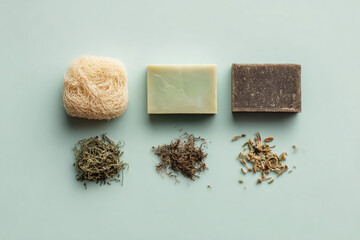 Handmade natural soap, loofah, and dried herbs arranged on pastel background, promoting eco friendly skincare and relaxation with organic ingredients and minimalist style