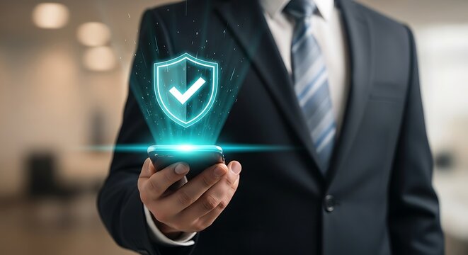 Businessman holding smartphone with security shield hologram for protection.