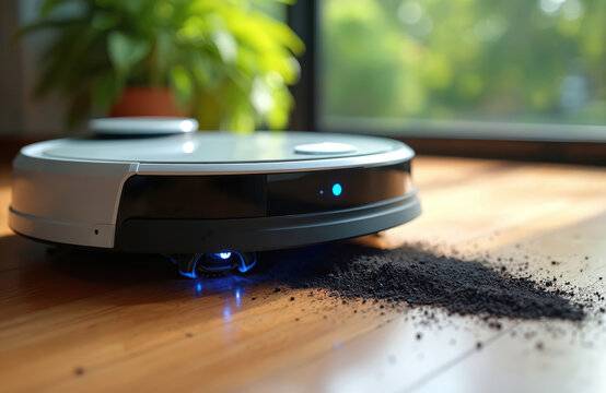 Robotic vacuum cleans pile dirt on wood floor near plant. Automated cleaner utilizes smart tech. Modern appliance simplifies domestic chores. Wireless device offers effortless cleaning. Innovation