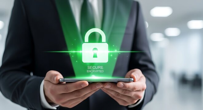 Man holding smartphone with digital padlock for data protection.