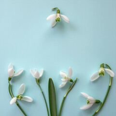 Delicate Arrangement of Snowdrop Flowers on Soft Pastel Blue Background in Springtime