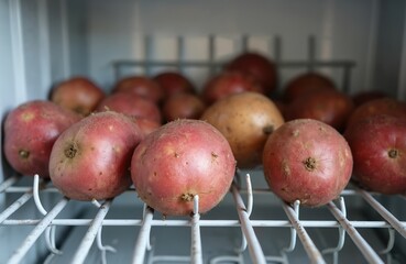 Dirty red potatoes, yellow ones inside modern dishwasher. Sit on white metal rack, ready for quick washing cycle. Kitchen appliance offers easy way to clean fresh vegetables. Illustrates smart home