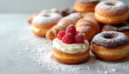 Sweet pastries assortment on bright background. Donuts croissants and cakes are sprinkled with icing sugar. Delicious bakery products with cream and raspberries. Confectionery concept for cafes menu.