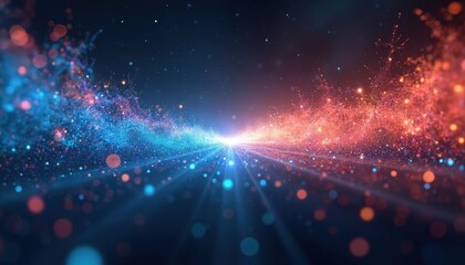 Abstract tech background with converging digital data streams. Glowing blue, red particles create powerful energy flow. Futuristic design represents network innovation information, cyberspace