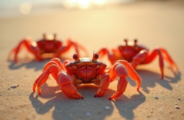 Three bright red crabs crawl on wet sand near ocean water edge. Small creatures with large claws move across sunny beach surface. Evening sun casts shadows of wildlife.