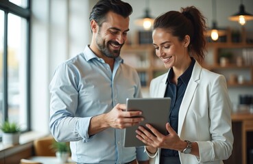 Man and woman smile while looking at tablet screen. Colleagues discuss project details in modern cafe setting. Professional pair share ideas using digital tech device.