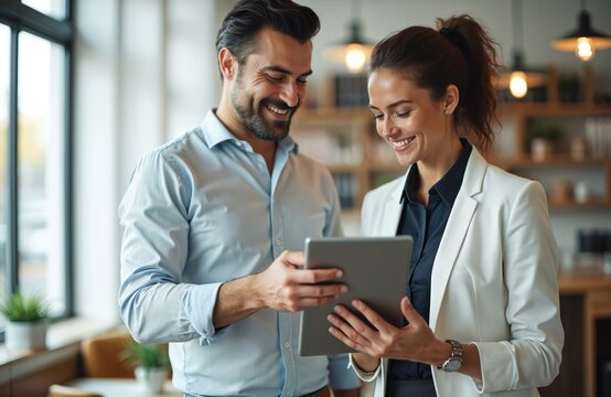 Man and woman smile while looking at tablet screen. Colleagues discuss project details in modern cafe setting. Professional pair share ideas using digital tech device.