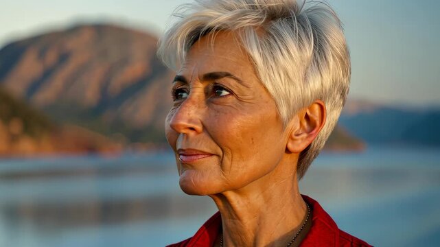 Serene Contemplation: Portrait of a woman with short silver hair, gazing thoughtfully towards the horizon, framed by the soft light of dawn and a tranquil waterscape.