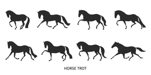 Silhouettes of a trotting horse in different phases of movement isolated on white background