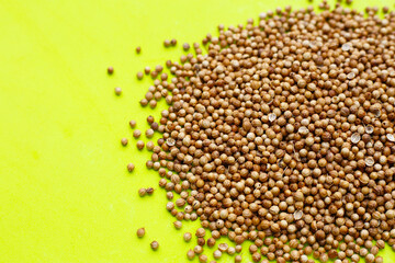 Brown coriander seeds on white background.
