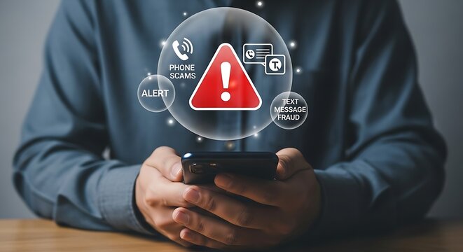 Man holding smartphone with warning alert notification on screen.