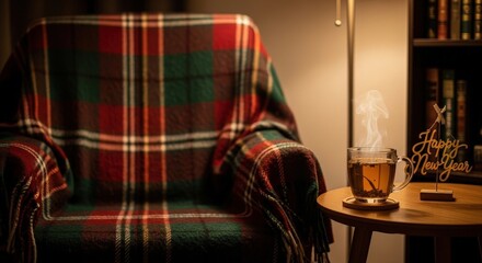 Cozy armchair with plaid blanket and warm drink on wooden table  