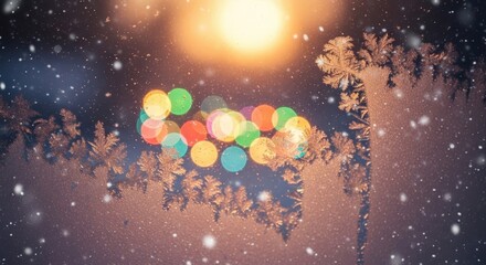 Colorful Christmas lights glowing through snow-covered window  