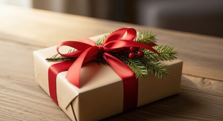 Wrapped holiday gift with red ribbon and greenery on wooden table  