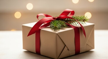 Wrapped gift box with red ribbon and pine branch decoration  
