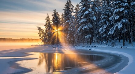 Winter sunrise illuminating snowy forest and tranquil frozen lake  