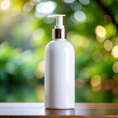 Elegant White Pump Bottle Against a Natural Green Background with Bokeh Lights