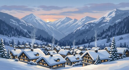 Snow-covered mountain village with cozy cottages at sunset  