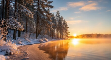 Winter sunrise over snow-covered lake and forest landscape  