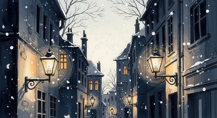 Snowy winter street with glowing lanterns and charming houses  