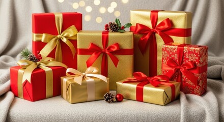 Obraz premium Colorful wrapped gift boxes with ribbons on festive background 