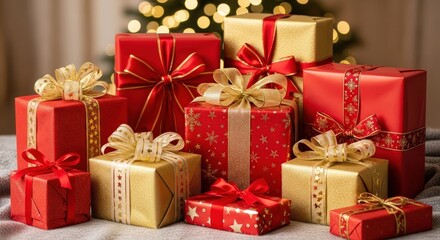 Colorful Christmas presents stacked on table with festive background  