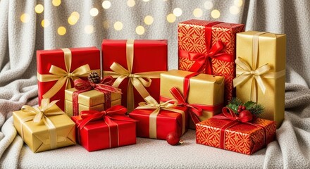 Numerous red and gold gift boxes arranged on grey fabric background  
