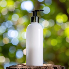 Elegant White Pump Bottle Displayed on Log with Blurred Natural Green Background and Soft Lighting