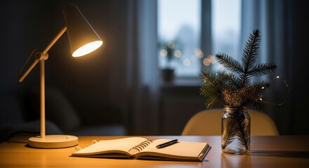 Cozy workspace with a desk lamp, notebook, and a potted plant  