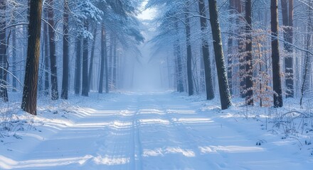 Snow-covered forest pathway in winter with fog and trees