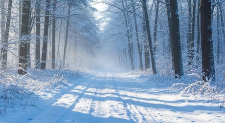 Winter snow-covered path through a foggy forest landscape  
