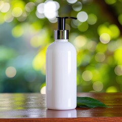 Elegant White Pump Bottle of Moisturizer on Wooden Table Surrounded by Lush Green Natural Background