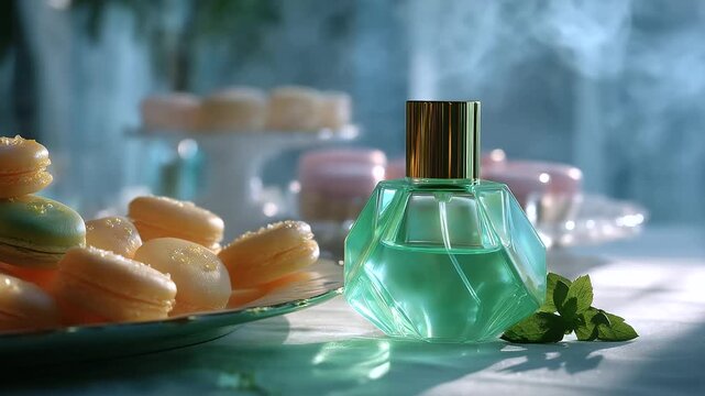Defocused pastel environment filled with airy sweets and citrus vapor while the green perfume bottle is lit sharply in the foreground; faceless presence implied only through soft s