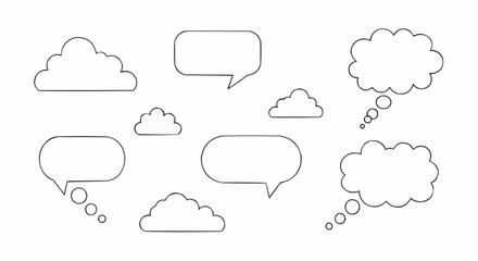 Illustration of various cloud shapes and speech bubbles arranged on a white background design space