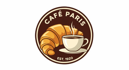 Illustration of a café paris logo featuring a croissant and a steaming cup of coffee inside a circle