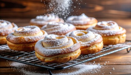 Freshly Baked Cinnamon Rolls Dusting with Powdered Sugar on a Rustic Wooden Table