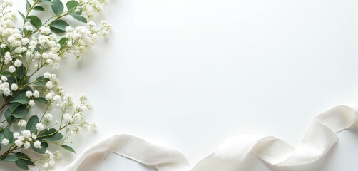 White baby breath flowers, green eucalyptus leaves, gentle satin ribbon frame clean blank white background. Feminine floral composition provides ample copy space for elegant design custom messages.