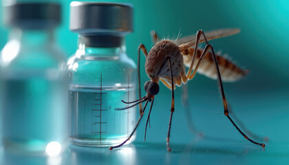 Fototapeta premium Illustration of a mosquito near vaccine vial. Focus on the insect and medical glass container with liquid. Concepts of disease prevention visual-borne illness medical research.