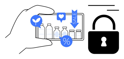 Smartphone displays bottles, sale icons, and digital symbols, representing e-commerce, online deals, and safety. Ideal for e-commerce, discounts, security privacy digital shopping technology
