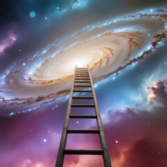 Ladder Leading to a Spiral Galaxy in a Colorful Cosmic Space Atmosphere