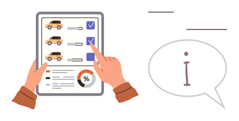 Hands holding a digital tablet comparing cars on a checklist, highlighting choices, with a speech bubble and info icon. Ideal for decision-making, research, planning, analytics, comparisons